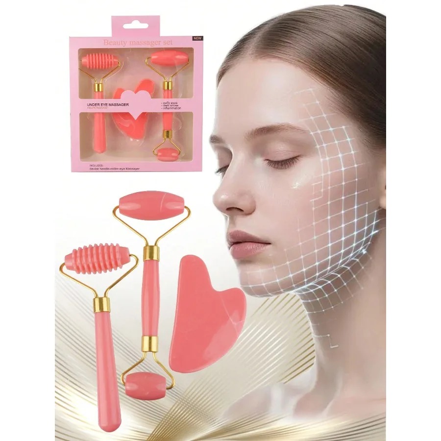 Pink jade-style facial massage set with smooth roller, ridged roller and gua sha stone