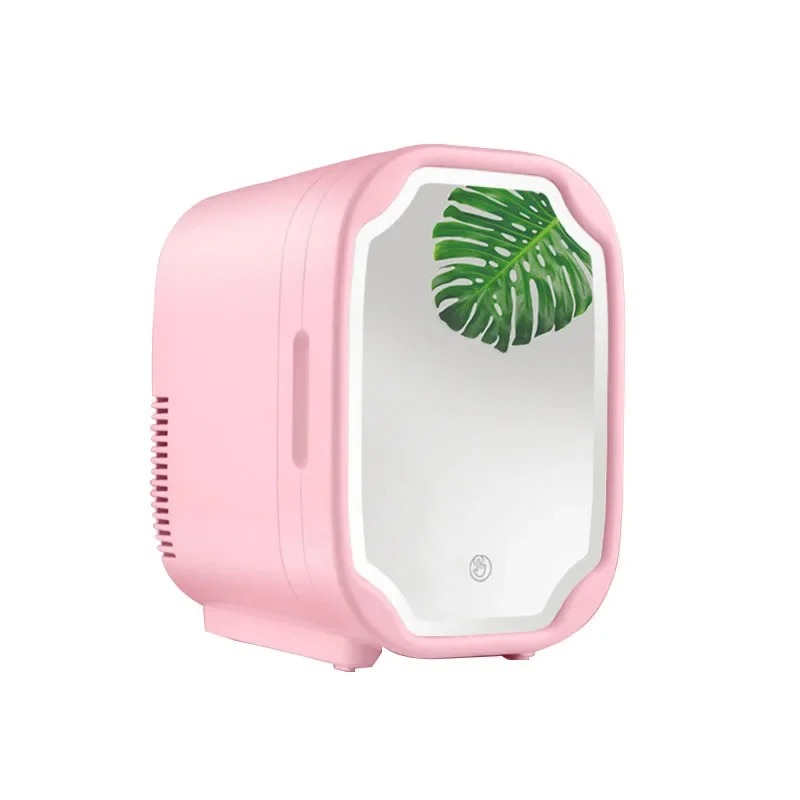 Pink mini beauty fridge with LED lighted makeup mirror door