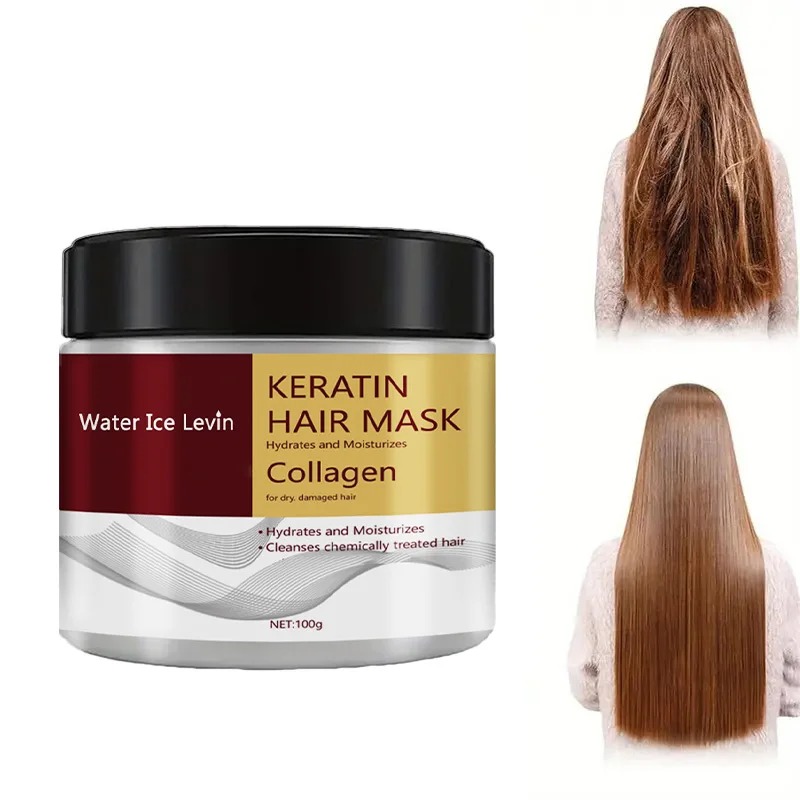 Keratin, maca extract and collagen deep moisturizing hair mask jar beside smooth glossy hair