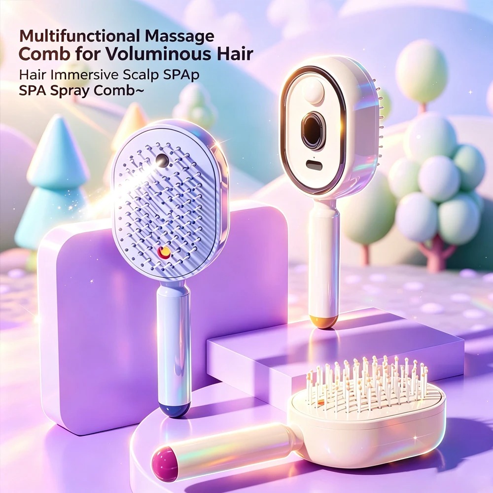 3-in-1 Electric Spray Air Cushion Massage Comb – Self-Cleaning Steam & Essential Oil Scalp Massager for Hair Regrowth & Detangling view 3