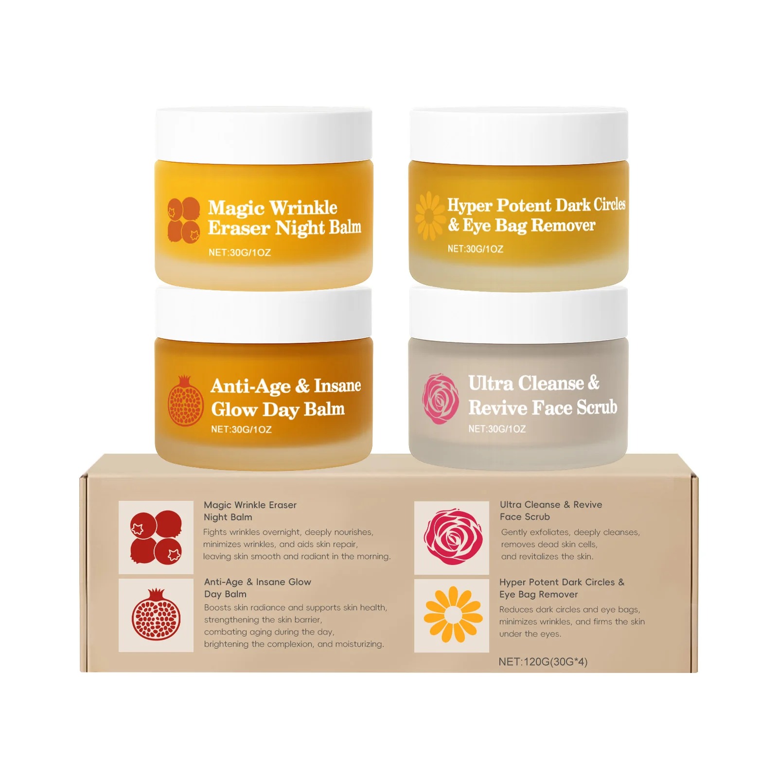 Four frosted glass jars of day cream, night cream, eye cream and rose face scrub stacked on their kraft gift box