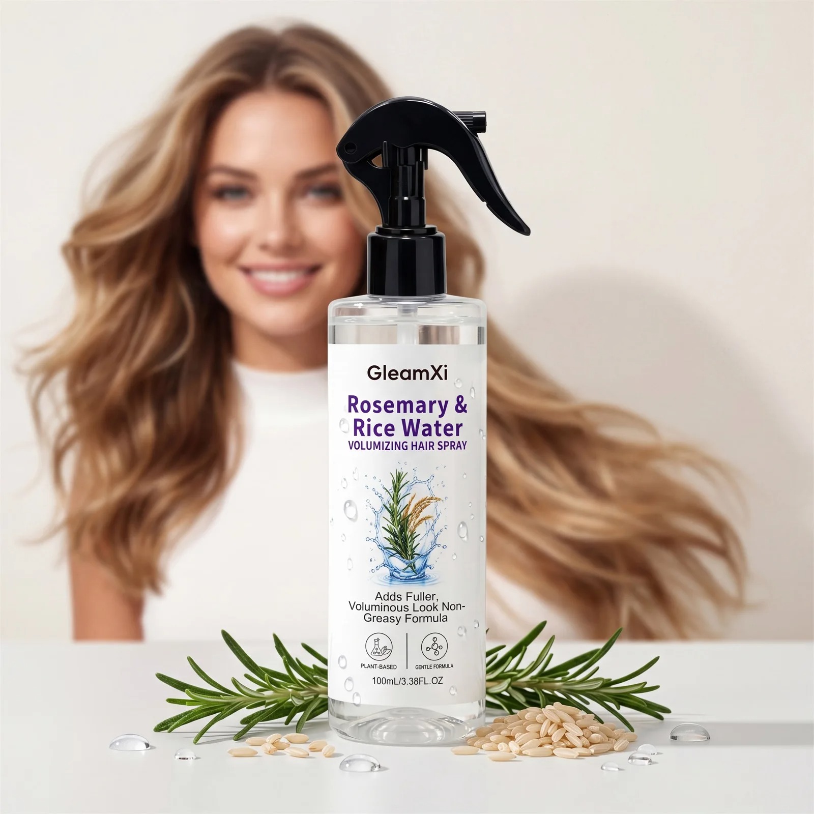 Rosemary and rice water volumizing hair spray bottle with fresh rosemary sprigs and rice grains