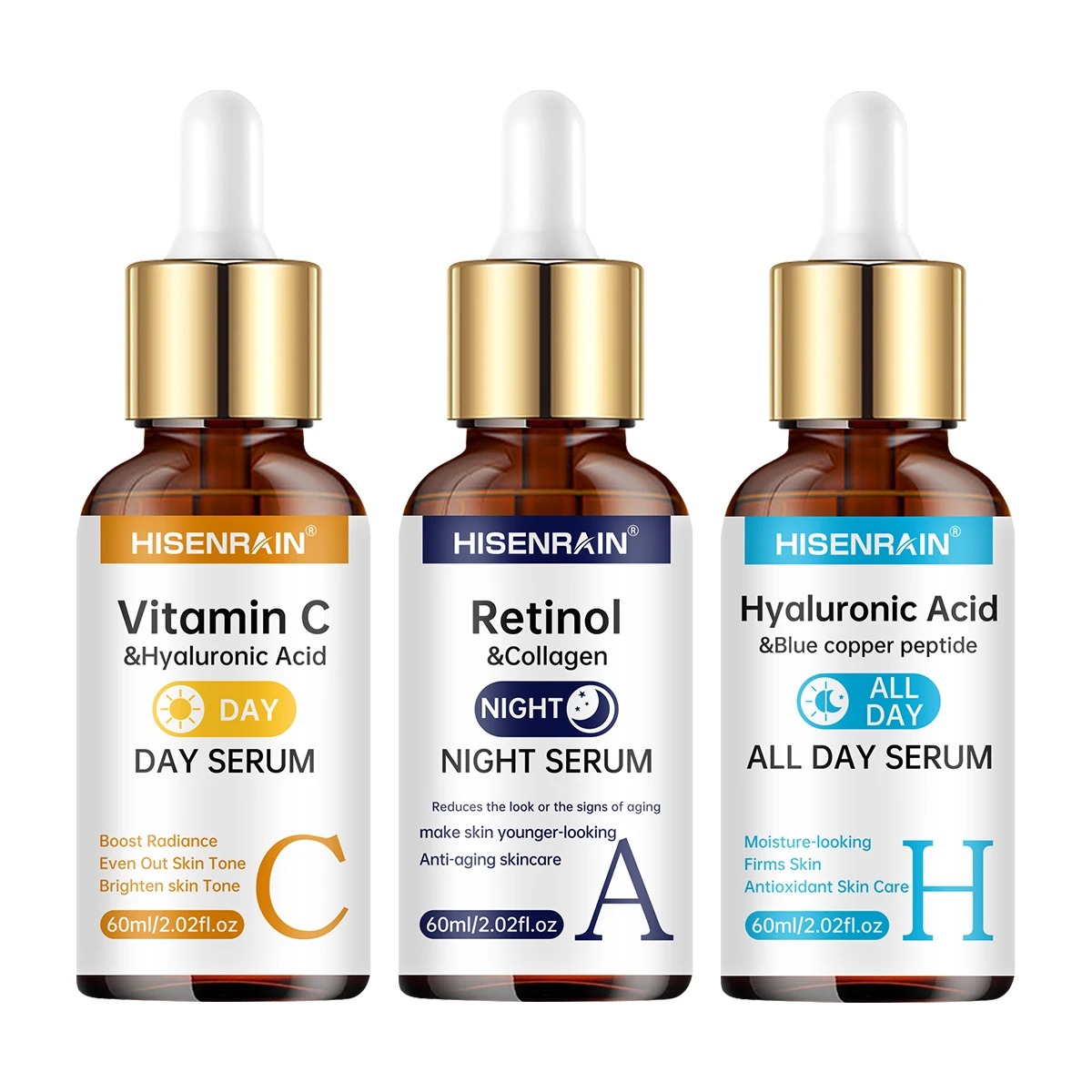 HISENRAIN Vitamin C day serum, Retinol night serum and Hyaluronic Acid all-day serum in amber glass dropper bottles on a white background