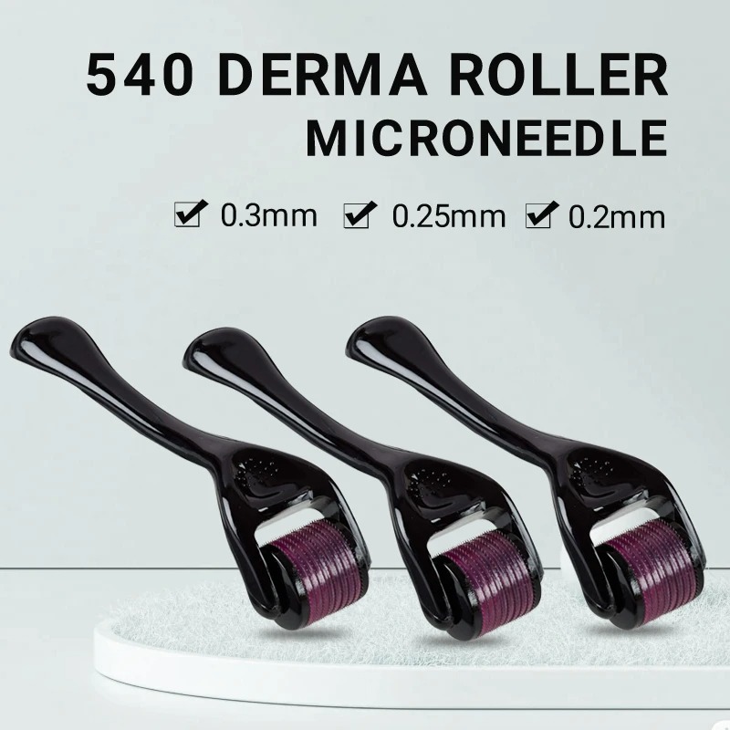 Three black 540 titanium derma rollers in 0.2mm, 0.25mm and 0.3mm needle sizes