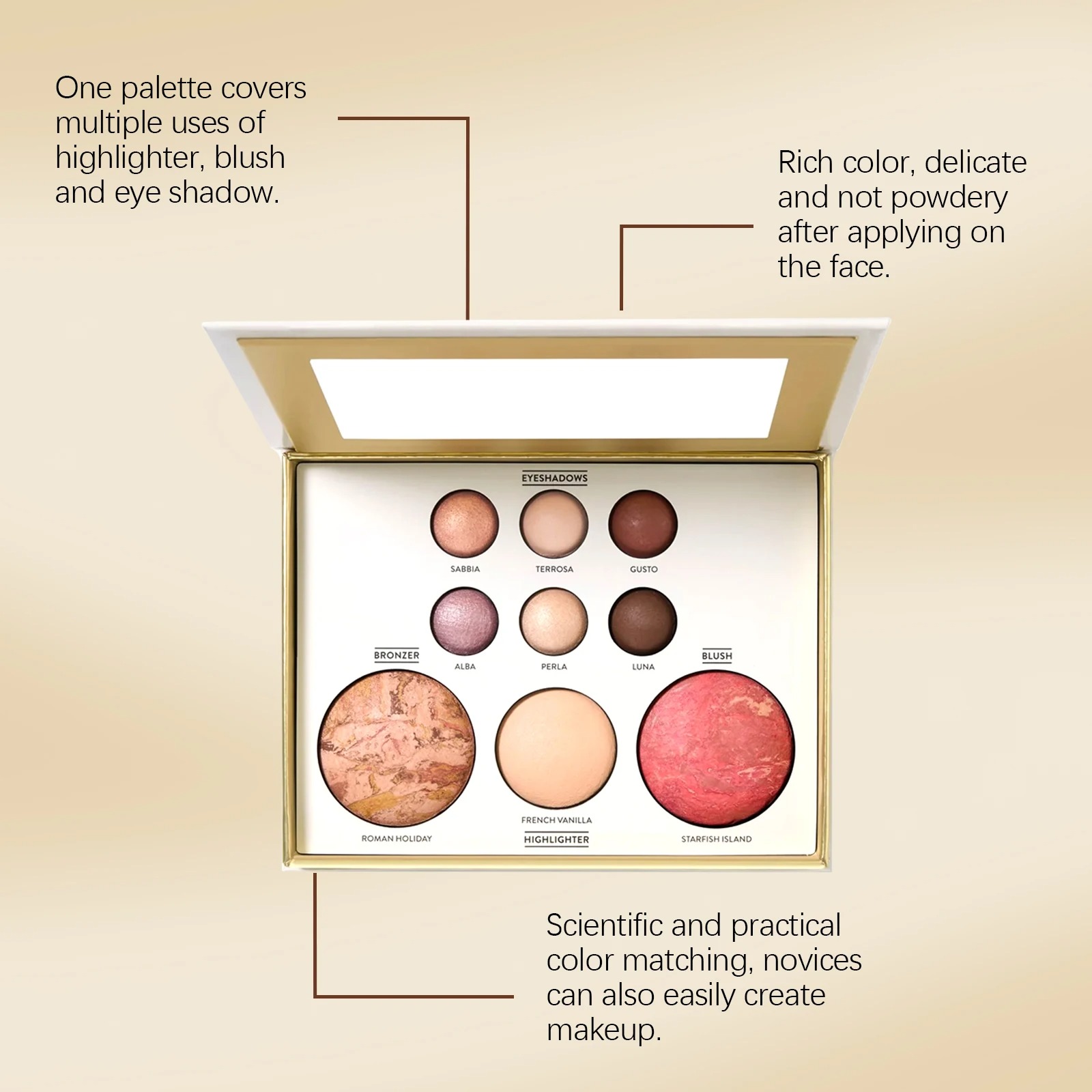 Open gold multifunctional makeup palette with eyeshadows, bronzer, blush and highlighter